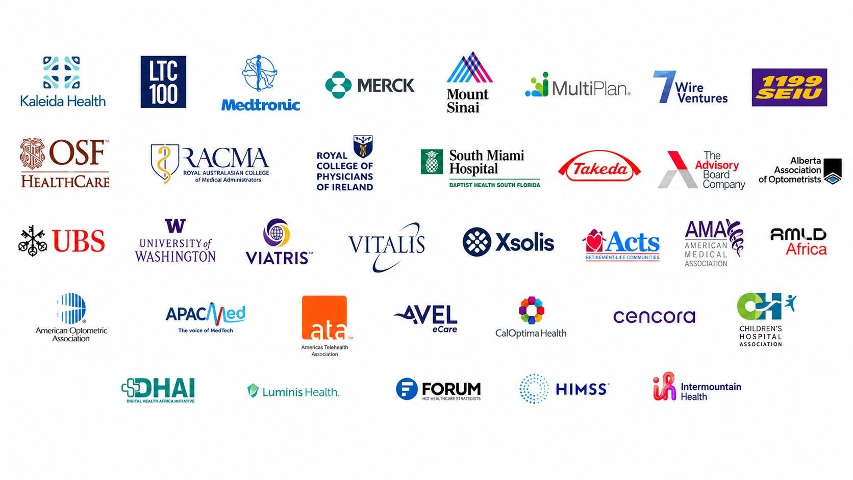 Collage of many company and organization logos arranged in rows on a white background