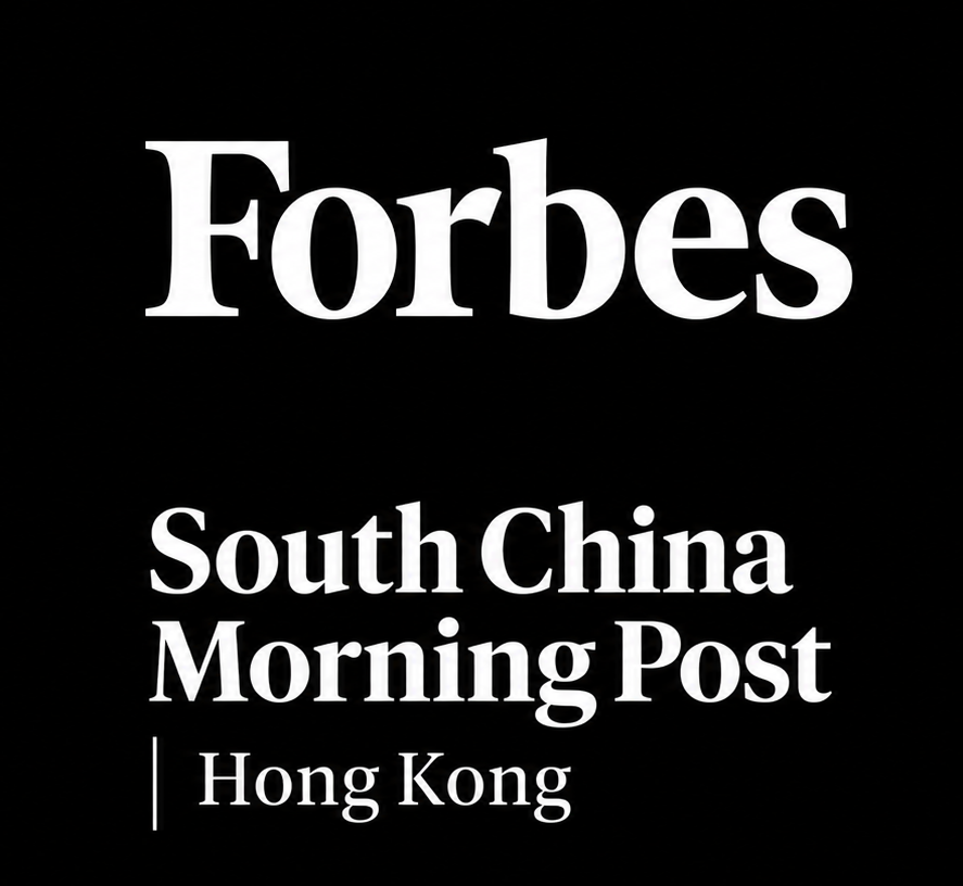 Forbes and South China Morning Post logos in white on a black background, with “Hong Kong” below.