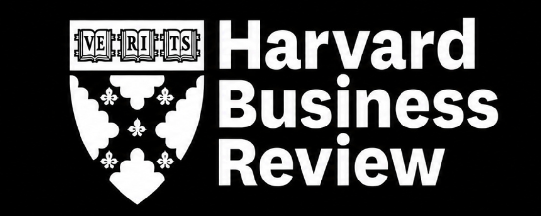 Harvard Business Review logo in white on a black background, with shield crest at left