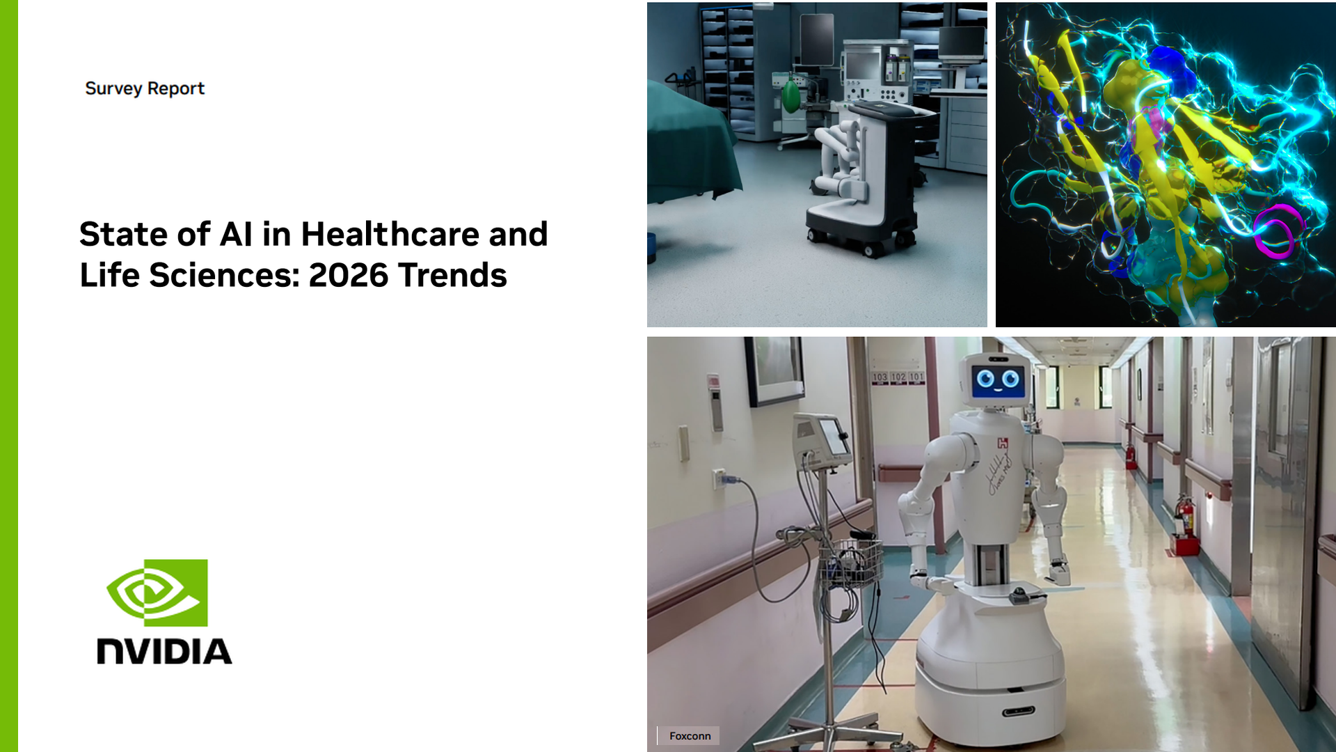 NVIDIA report cover: State of AI in Healthcare and Life Sciences: 2026 Trends, with hospital and AI visuals