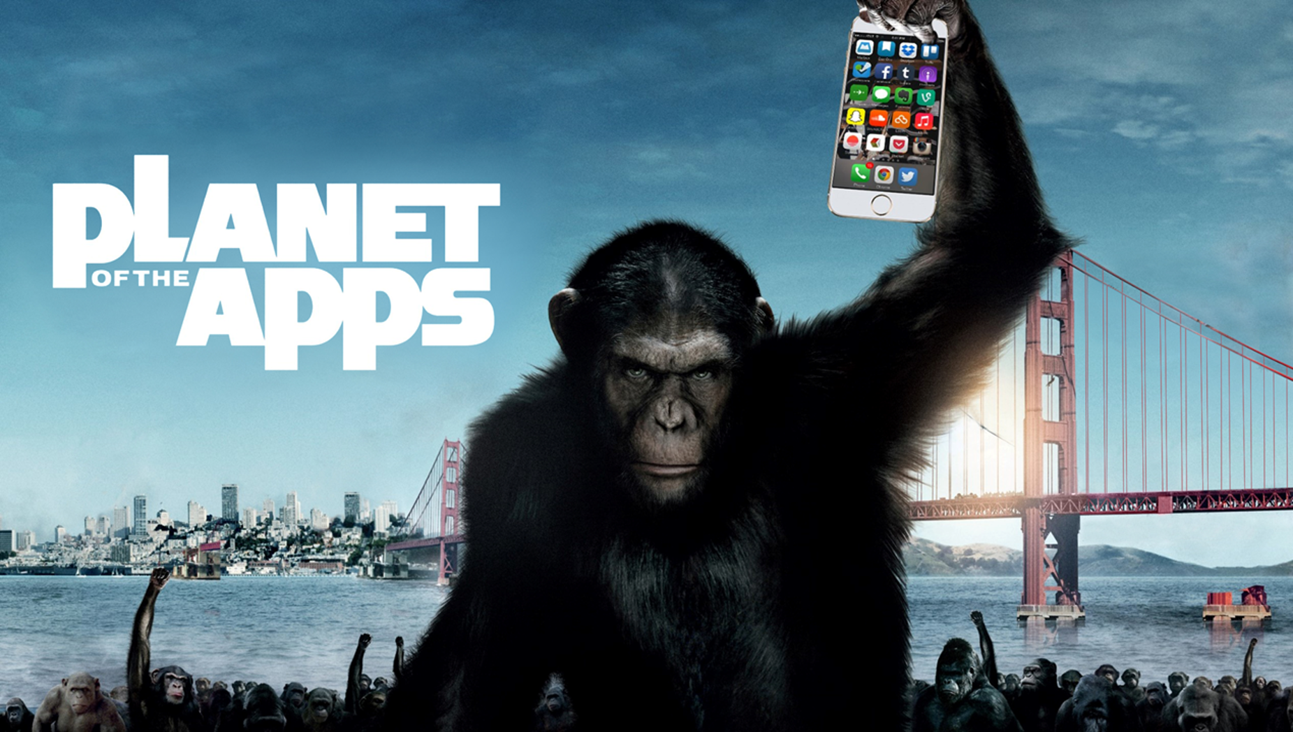 Planet of the Apps poster with a gorilla holding up a smartphone over a city and bridge skyline