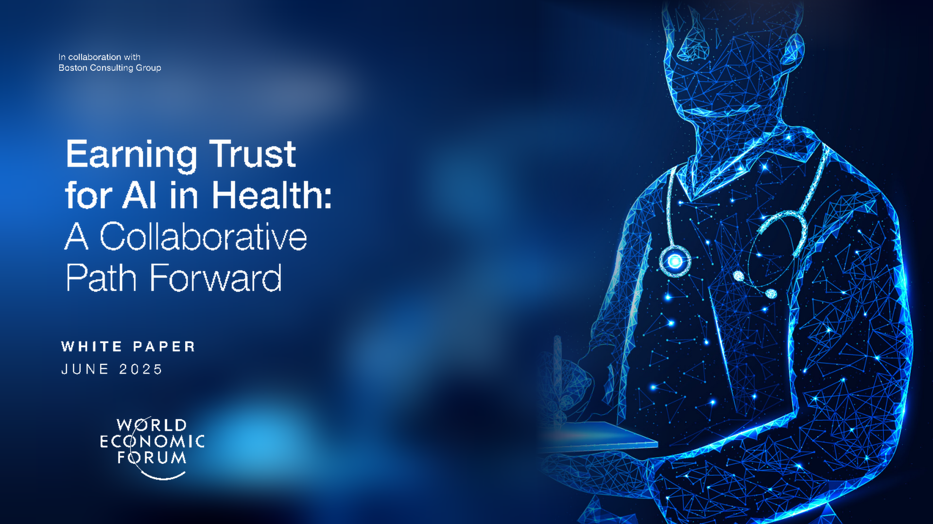 Blue conference slide with glowing digital human outline and text “Earning Trust for AI in Health: A Collaborative Path Forward.”