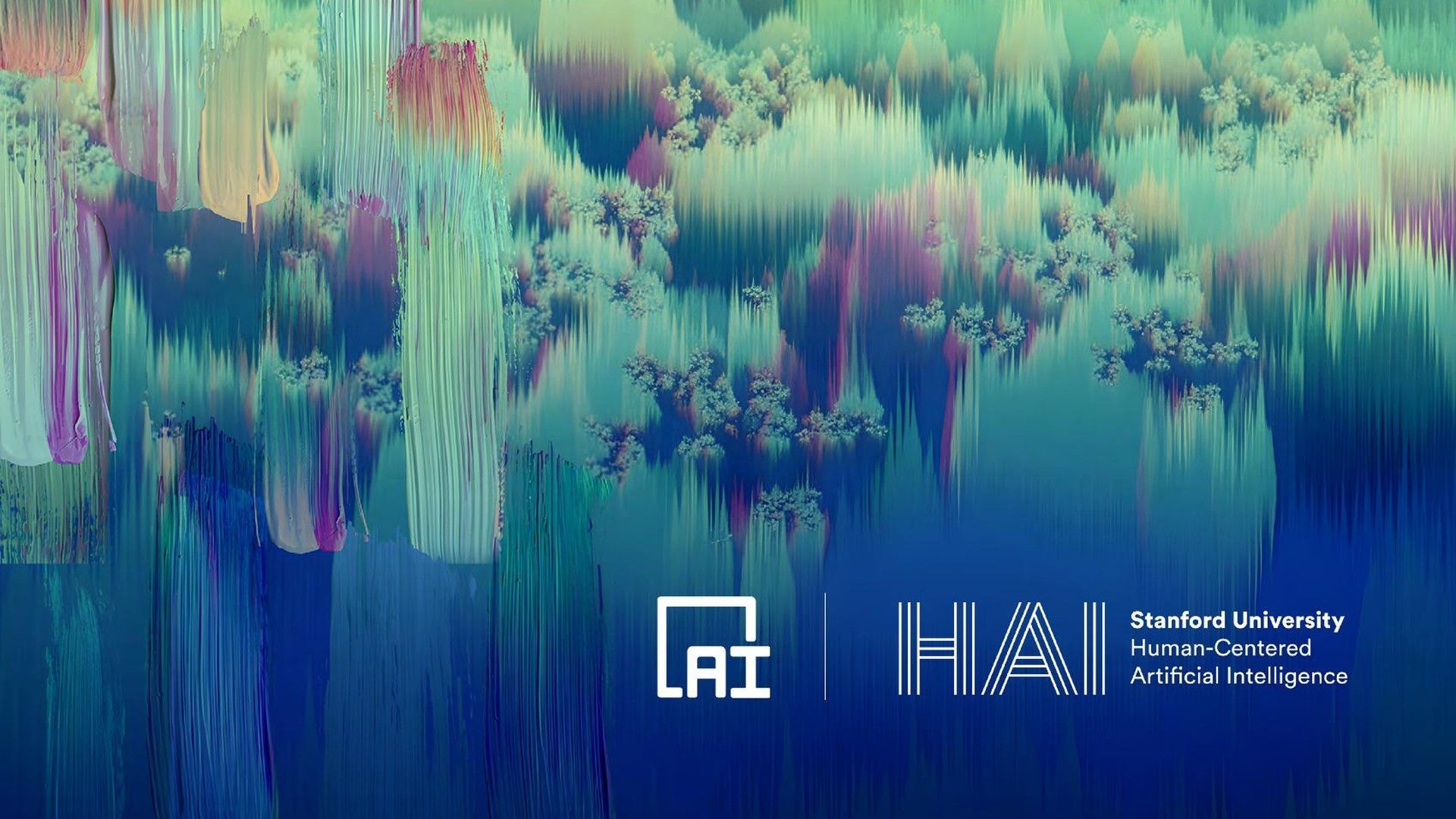 Abstract colorful glitch-style background with logos and text along the bottom for HAI and Santa Clara University.