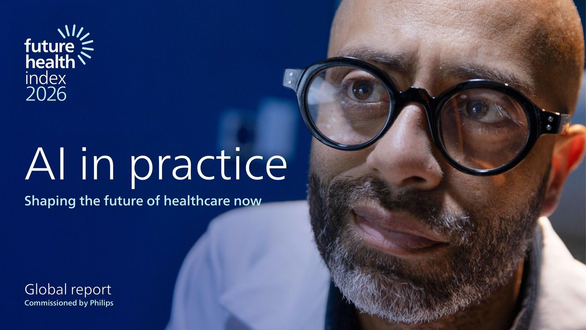 Cover reading “AI in practice” with a close-up of a man in glasses on a blue background.