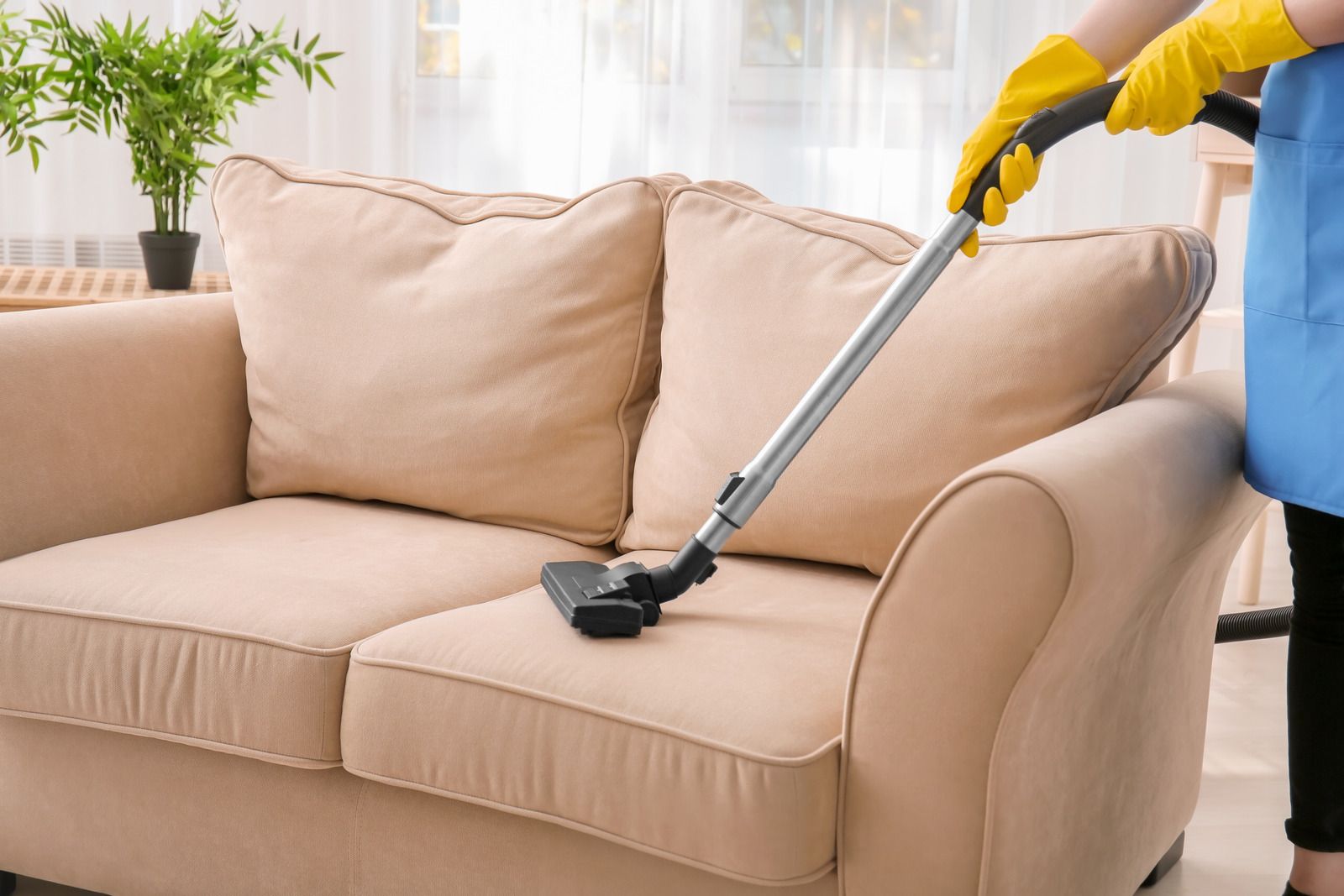 A woman is cleaning a couch with a vacuum cleaner.