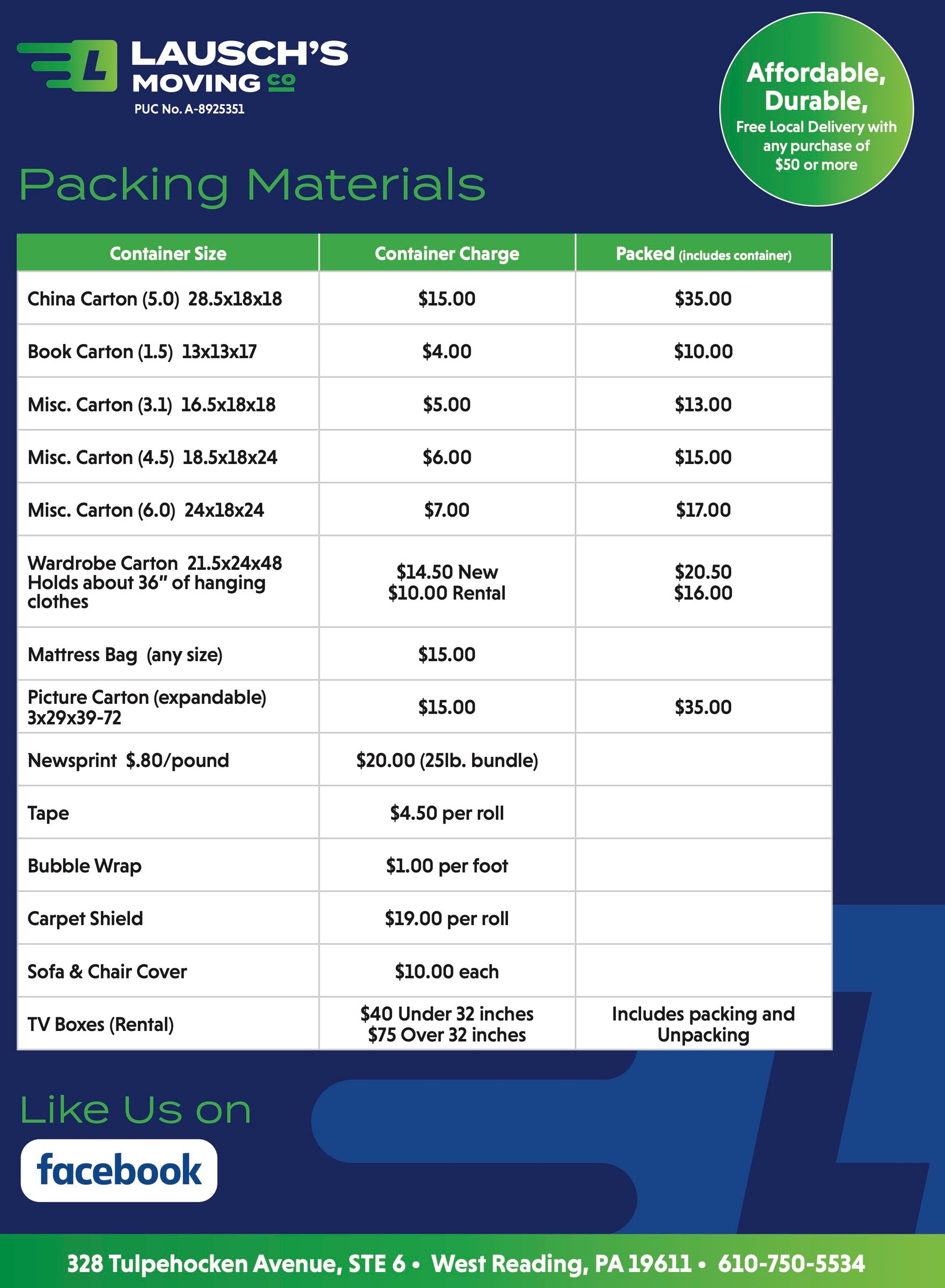 Price list for Lausch's Moving packing materials including various boxes, tape, and supplies with contact information.