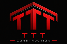 Red and black TTT Construction logo with stylized roof and bold lettering on a dark background