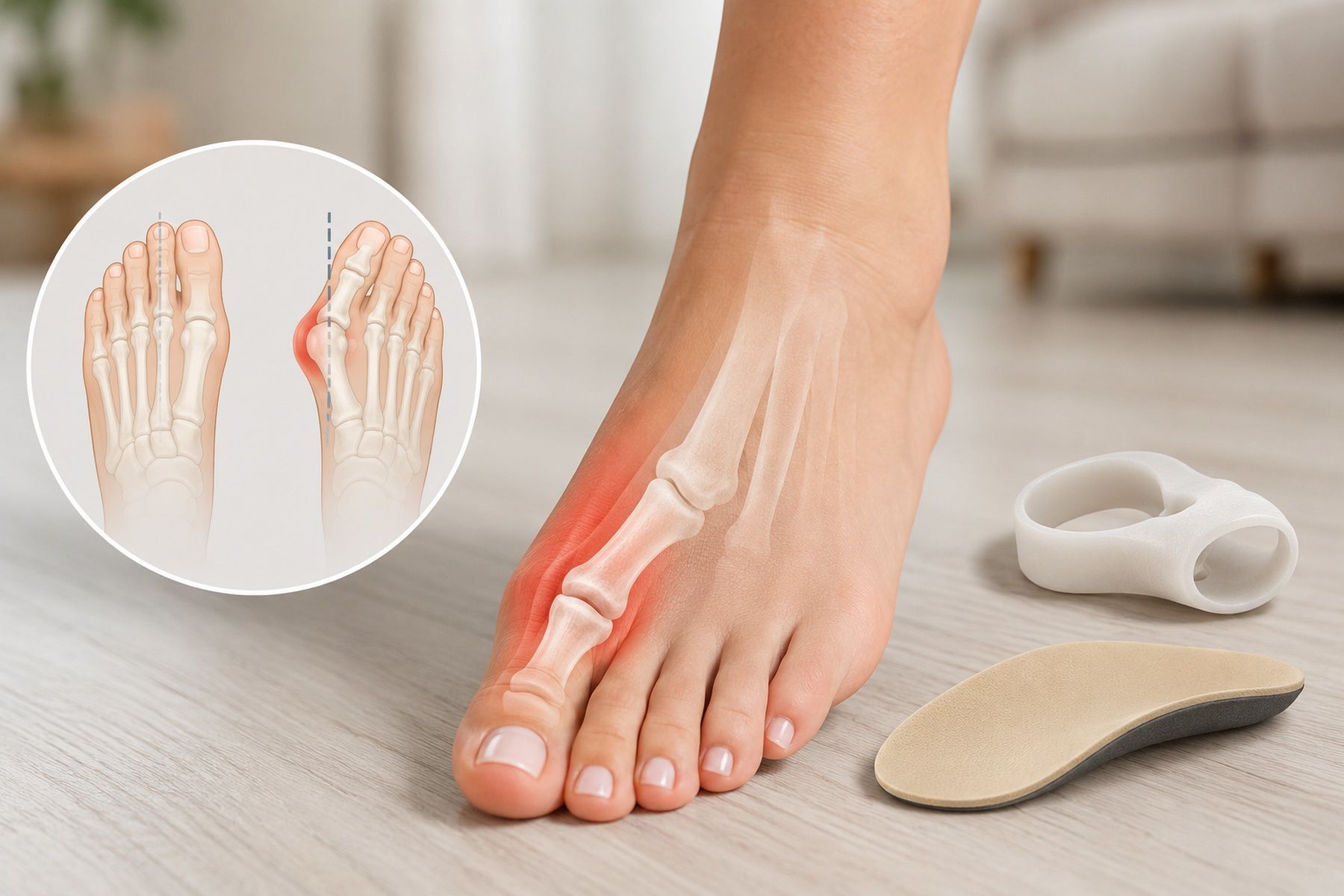 Foot with bunion showing pain, plus toe separator and arch support insoles on a floor.