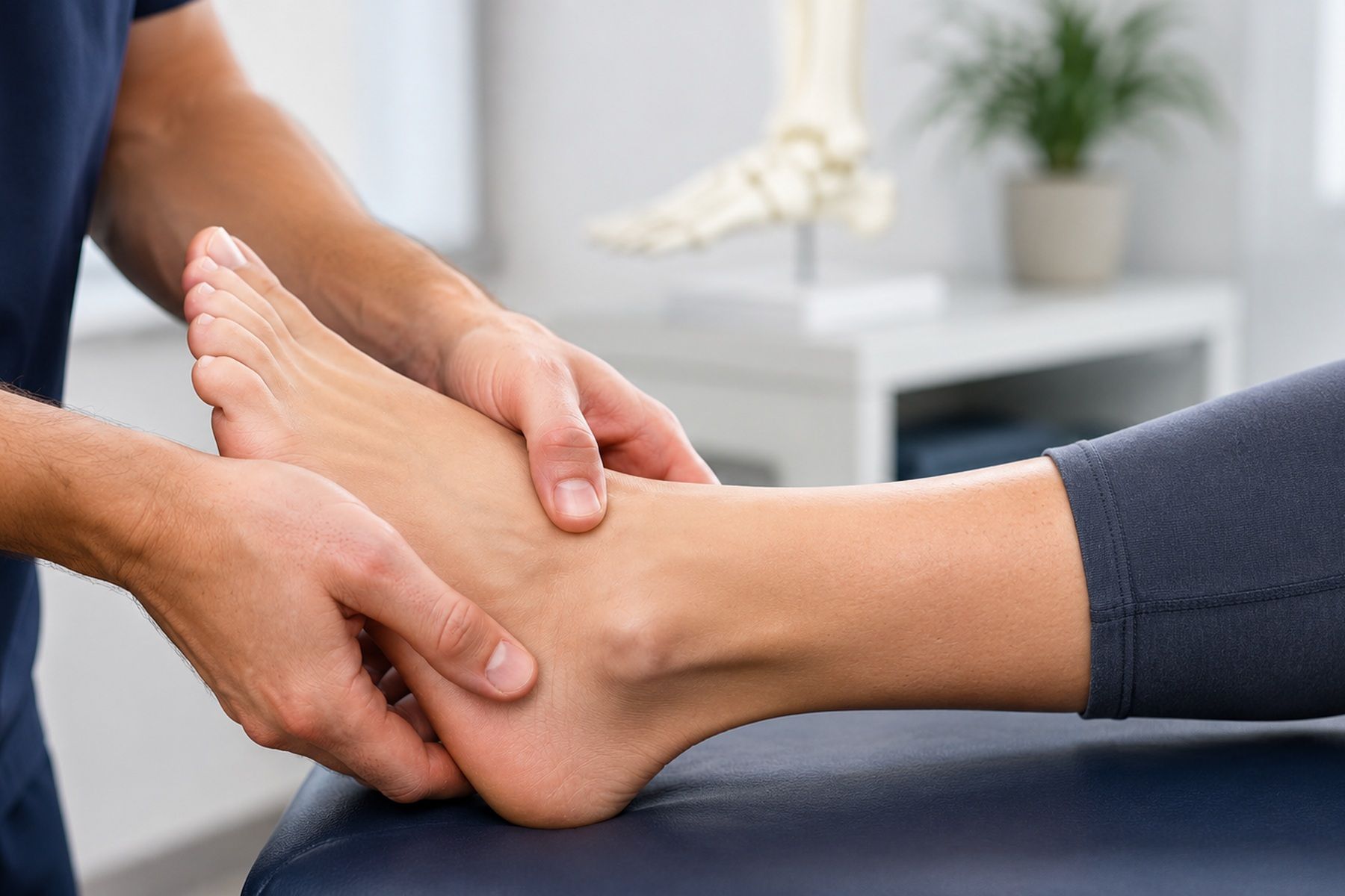 Hands massaging a person's ankle and foot on a treatment table