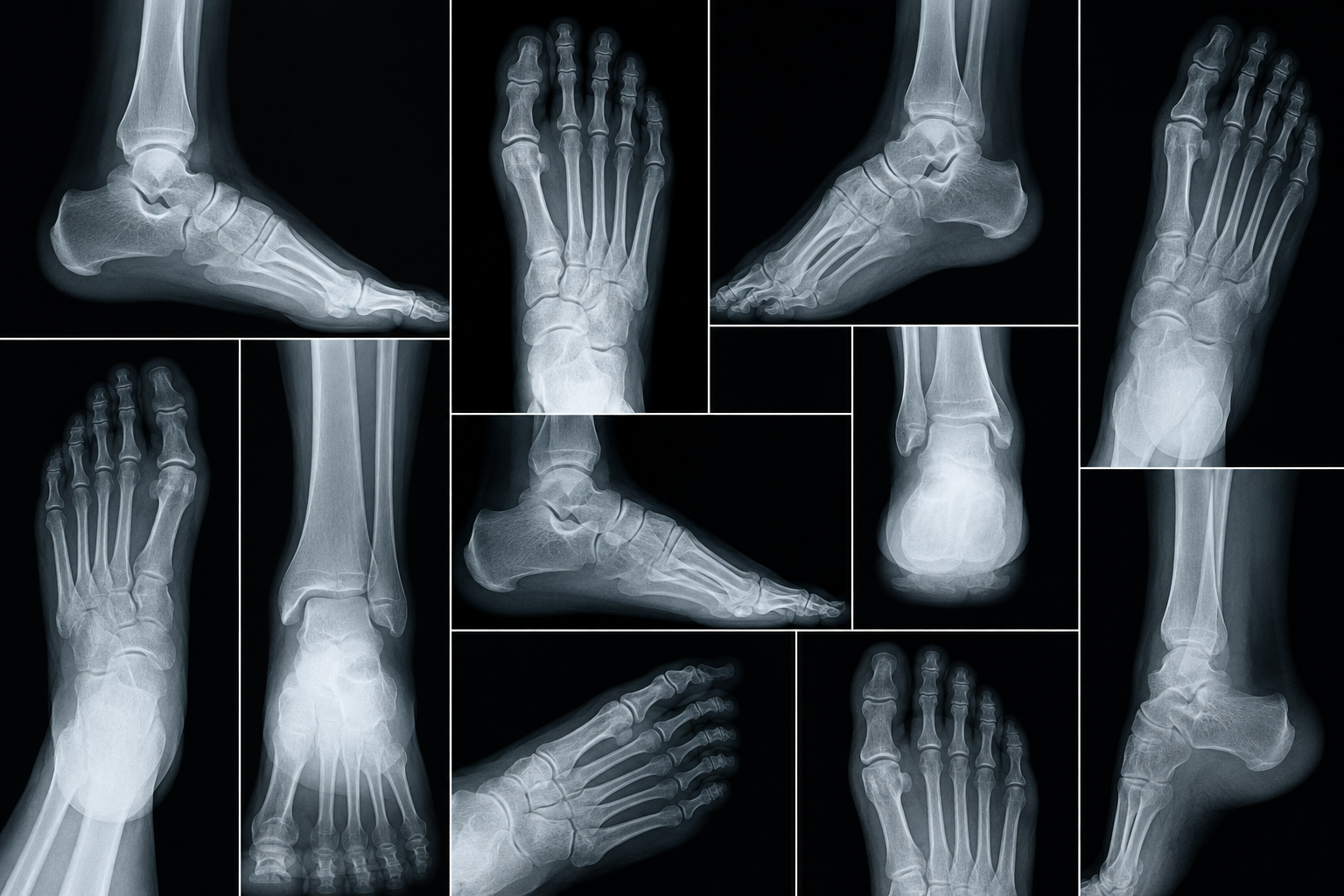 Collage of foot and ankle X-rays showing side, front, and heel views