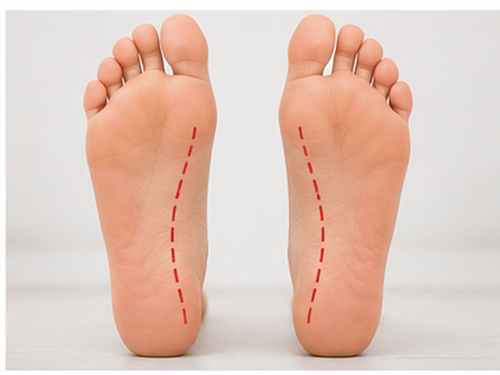 Two bare feet showing the inner arch with red dashed lines along the soles