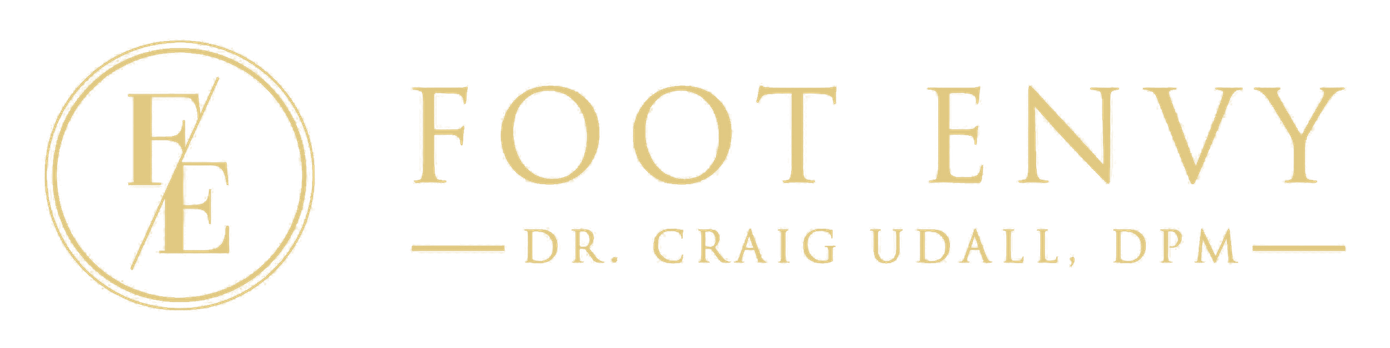 Foot Envy logo with gold “FE” monogram and text, “Dr. Craig Udall, DPM” on white background