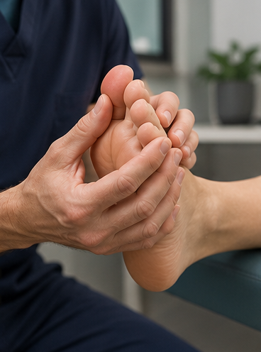 Hands holding and stretching a bare foot, likely during a massage or physical therapy session.