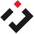 Logo astratto nero e rosso: un quadrato inclinato, una parentesi angolare in basso a destra e un diamante rosso.