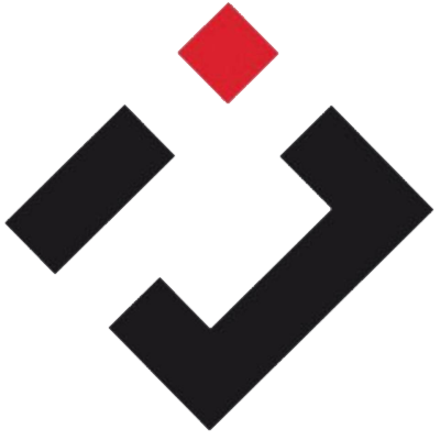 Logo astratto nero e rosso: un quadrato inclinato, una parentesi angolare in basso a destra e un diamante rosso.
