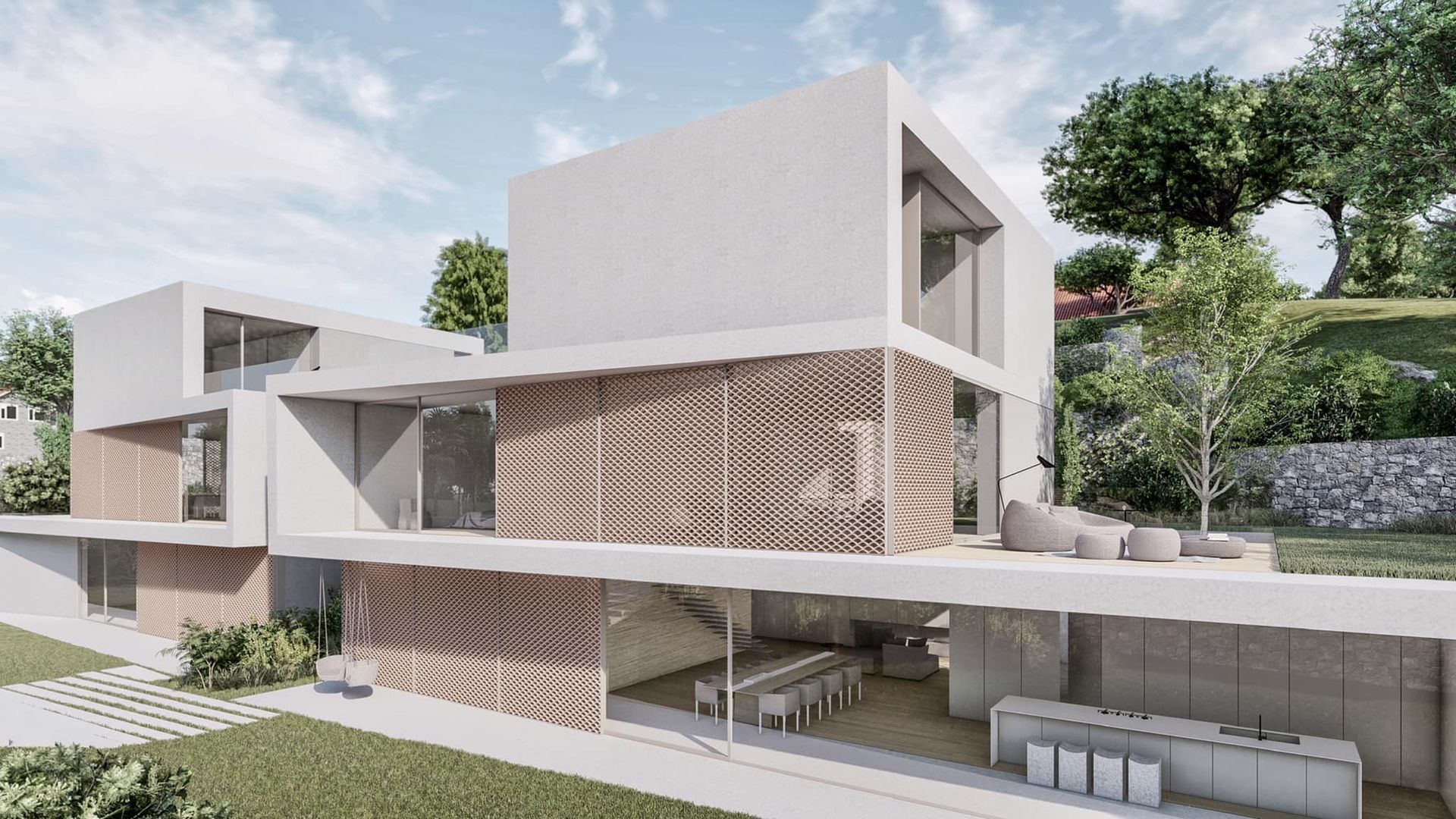 Moderna casa bianca su più livelli con pannelli in legno, design open space e posti a sedere all'aperto su una collina.
