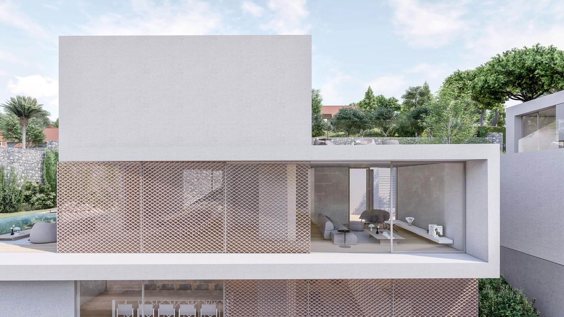 Moderna casa bianca con balcone all'aperto, facciata con schermatura strutturata e verde circostante.