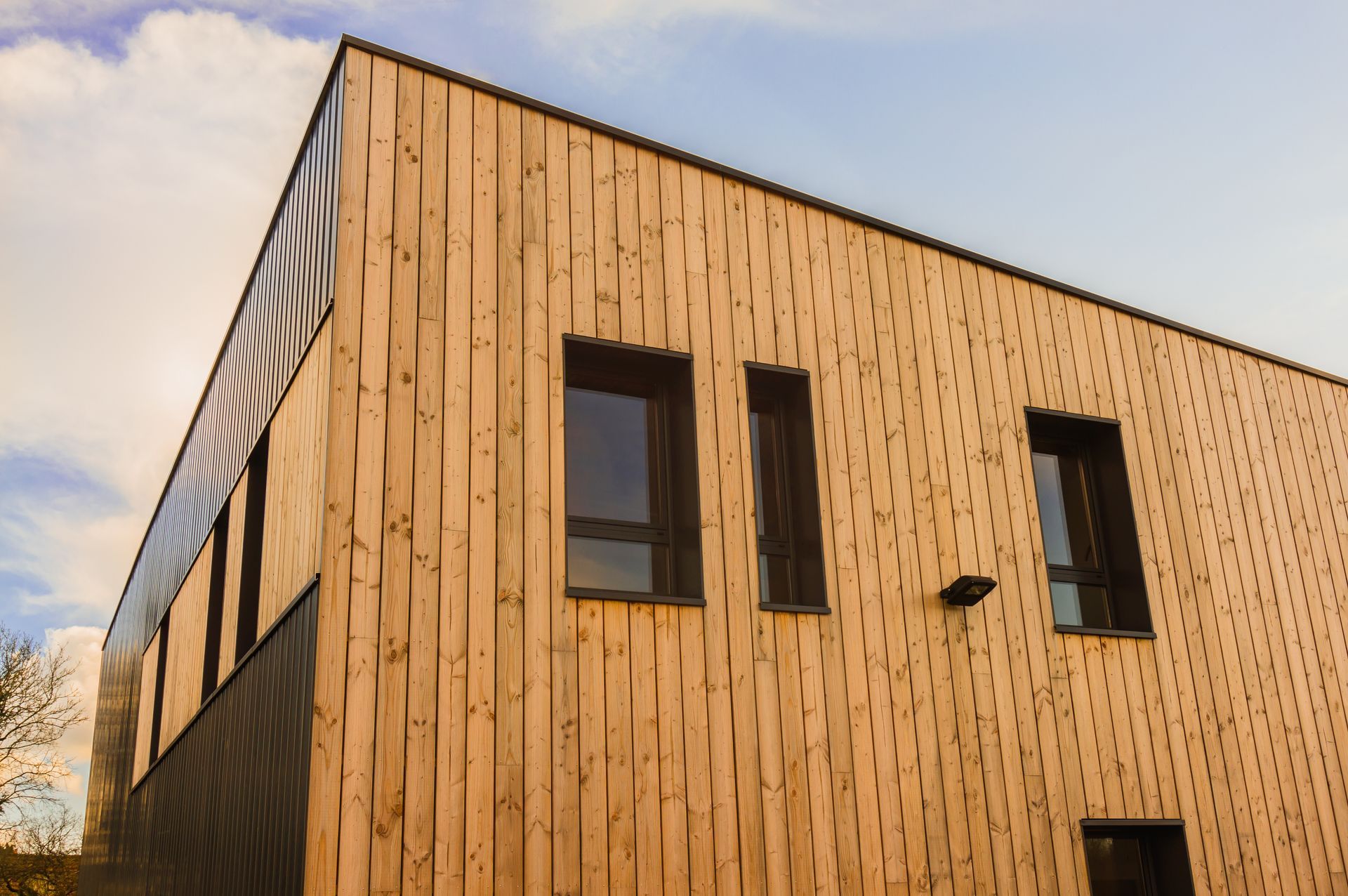 Modernes Holzhaus mit schwarz gerahmten Fenstern vor einem bewölkten Himmel.