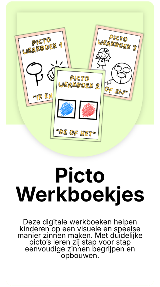 Pictobewerkjes boekjes met eenvoudige, geïllustreerde omslagen op een lichtgroene achtergrond