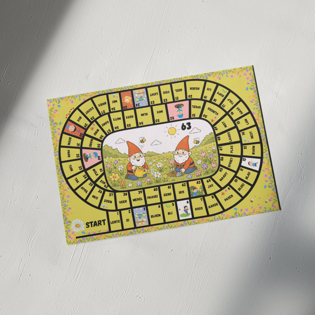 Kleurrijk bordspel met een kronkelend pad en cartoonachtige kabouters in het midden, gemarkeerd met "START" en "63".
