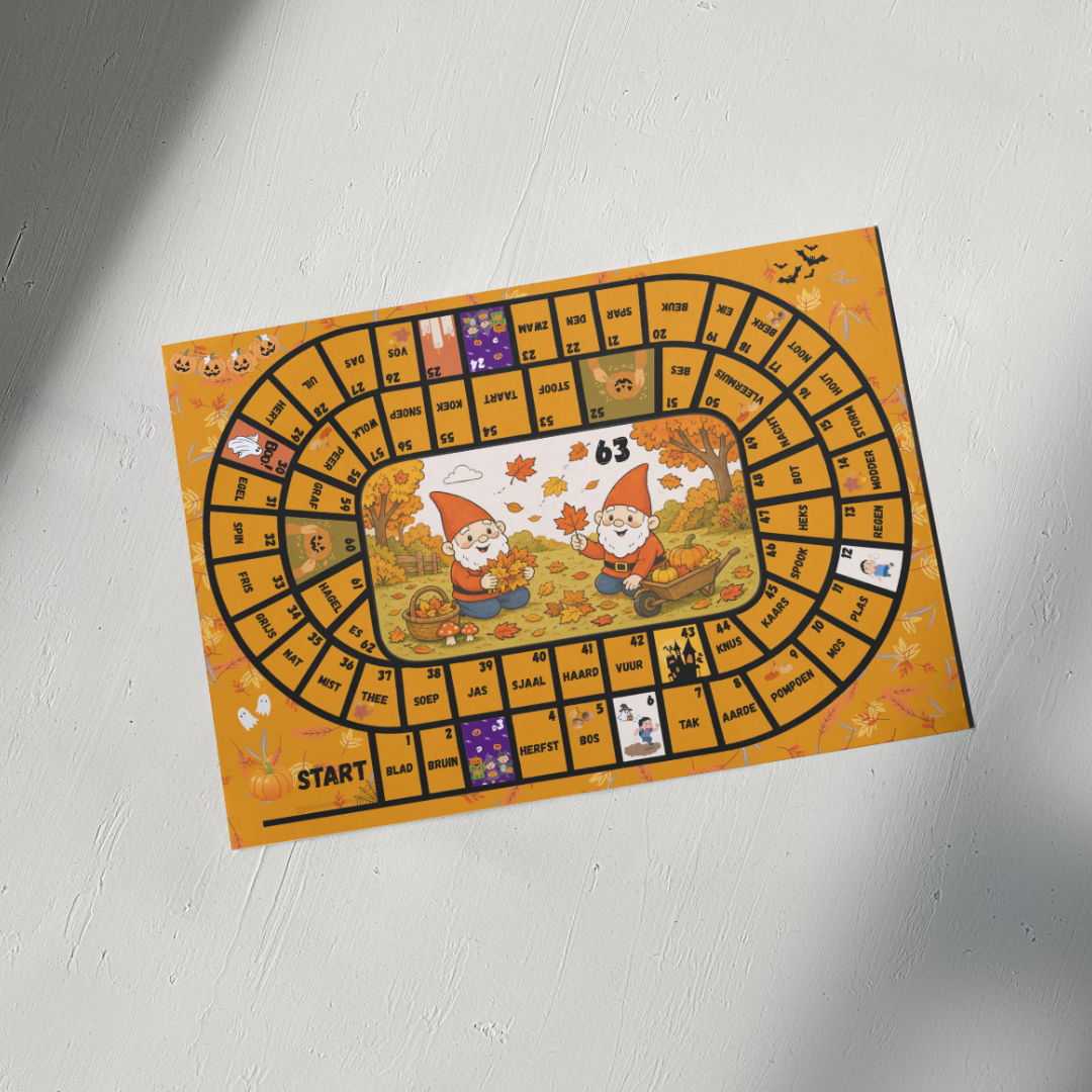 Oranje bordspel met een kronkelend pad, met cartoonachtige kabouters in het midden en een "START"-vakje.
