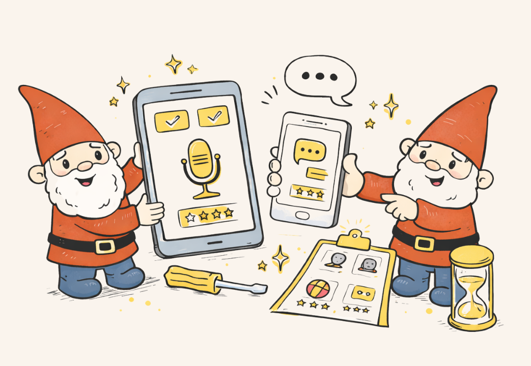 Twee kaboutermascottes presenteren app-schermen voor tablets met pictogrammen, met oranje mutsen op een witte achtergrond.