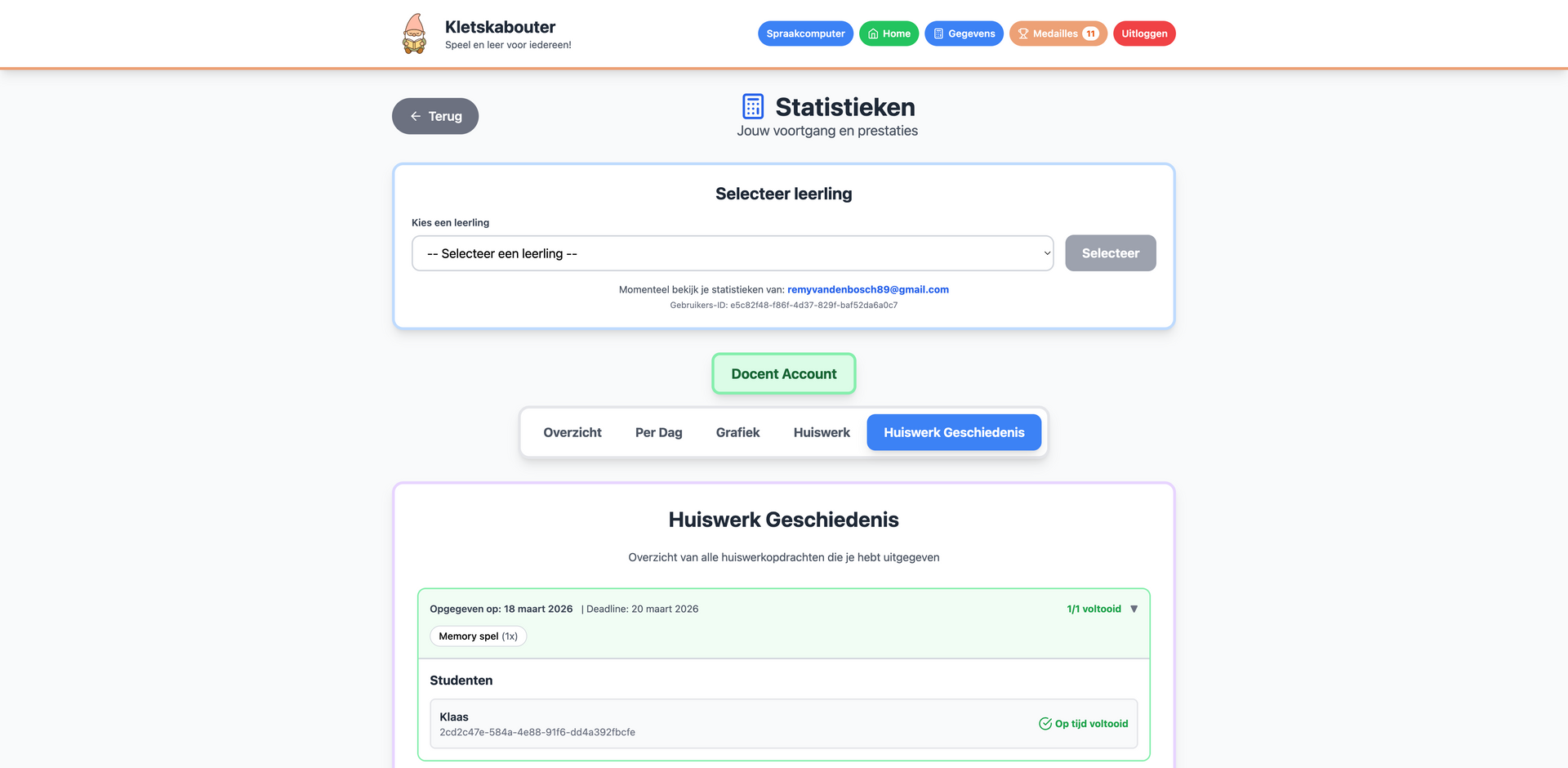 Webapplicatie-dashboard met een formulier en een lijst met 'Huiswerkkandidaten' met actieknoppen.