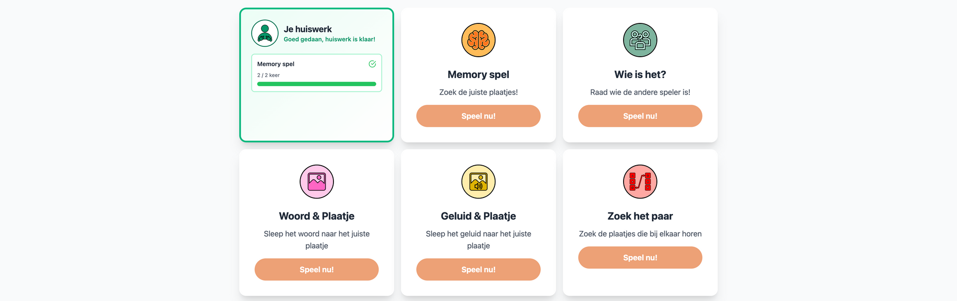 Dashboard met een groen gemarkeerde kaart en vijf kleinere servicekaarten met pictogrammen en oranje knoppen.