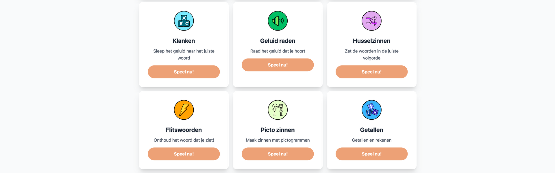 Zes geïllustreerde servicekaarten in een raster van 2x3 met pictogrammen en oranje knoppen voor actie.