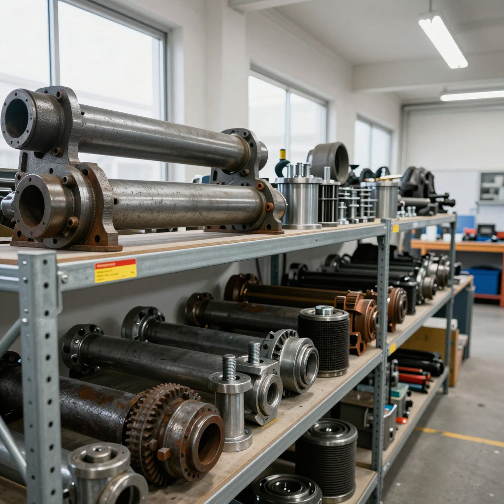 Shelves filled with industrial metal machine parts in a workshop, under bright lights.