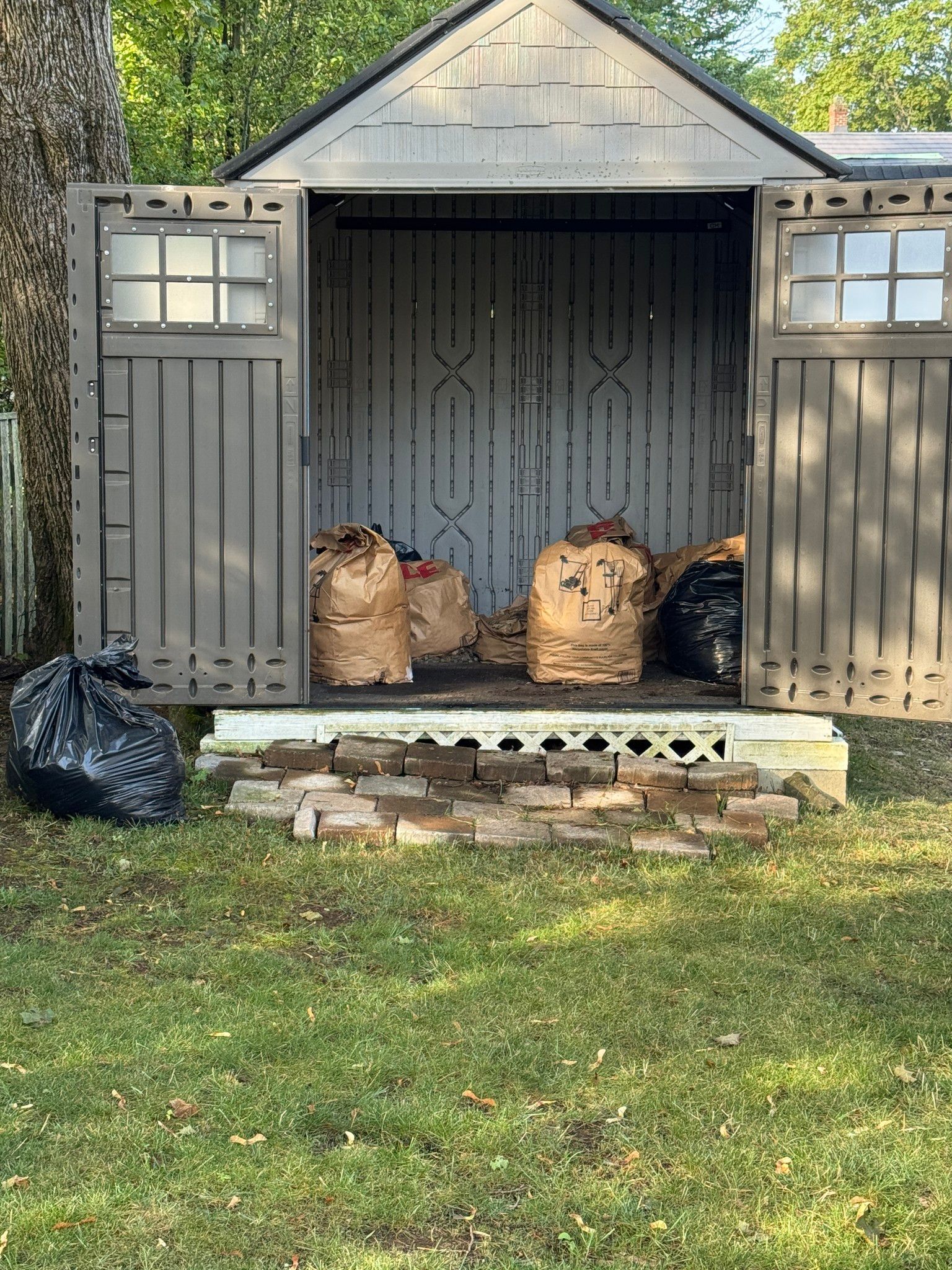 Gray garden shed with double doors open, yard-waste bags inside, and a black bag on the grass in front.