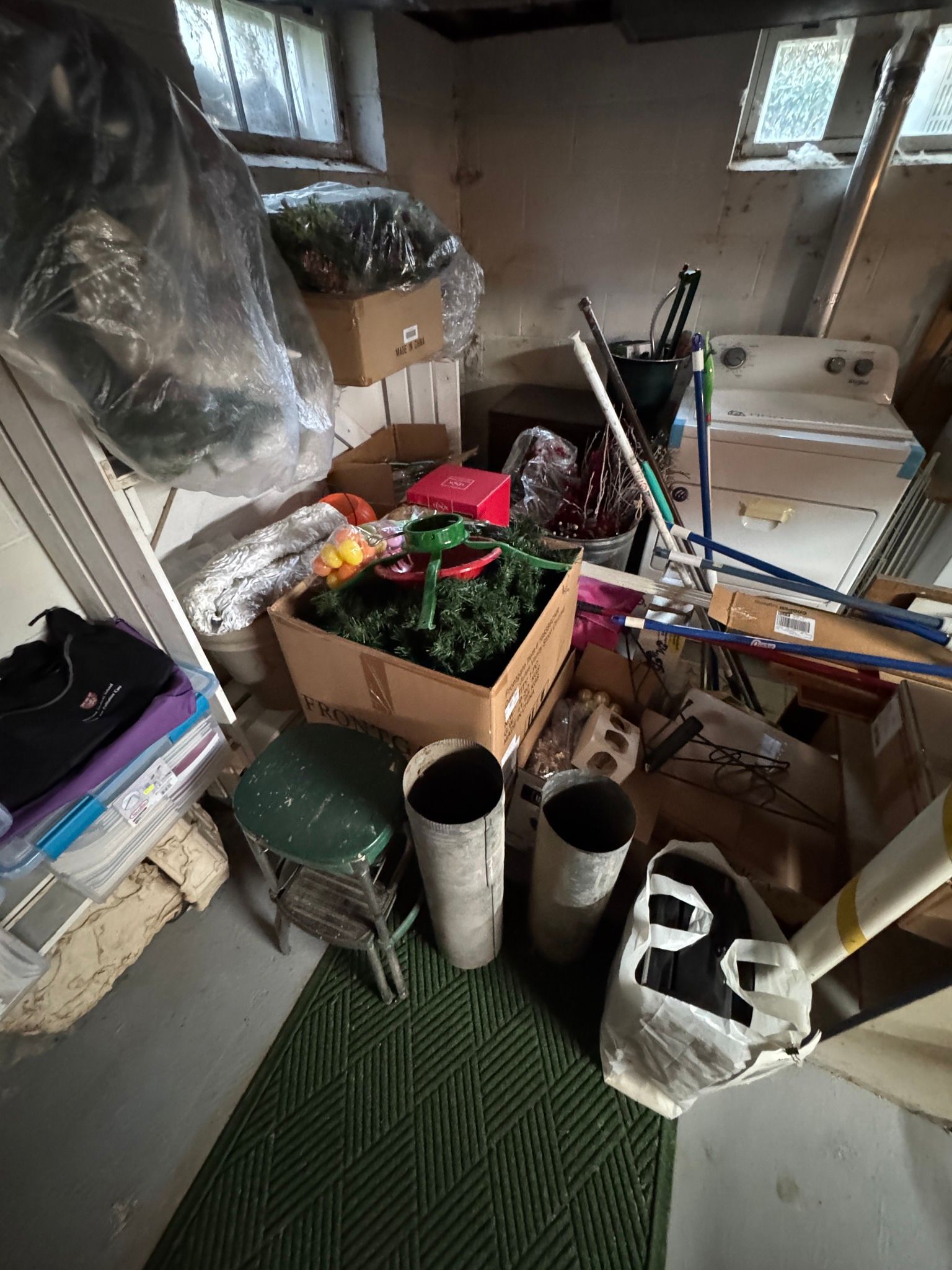 Cluttered utility room with boxes, plants, buckets, and tools on a green mat