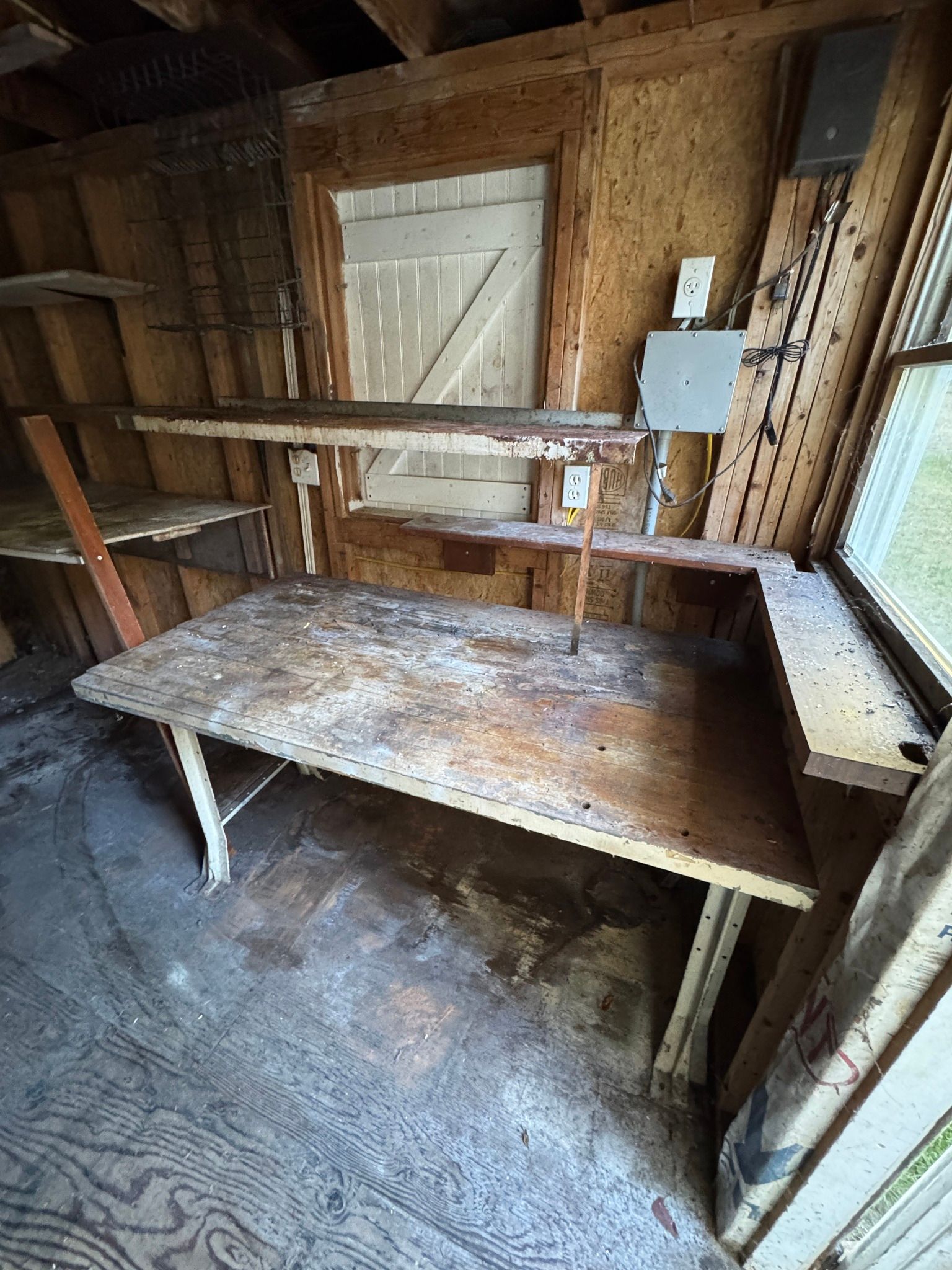 Dusty wooden workbench in a cluttered shed with shelves, tools, and exposed wiring.