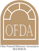 Ohio Funeral Directors Association Member logo in tan and white with arched window design