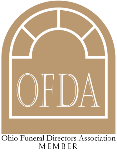 Ohio Funeral Directors Association Member logo in tan and white with arched window design
