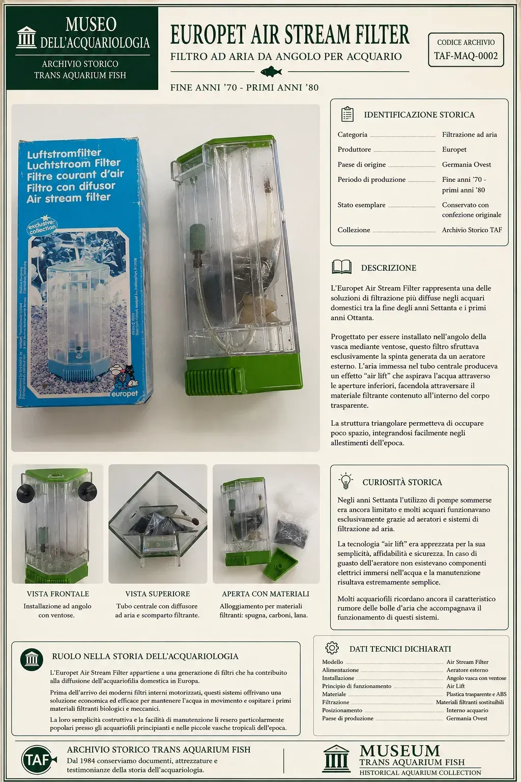Filtro ad aria Europet Air Stream, storico accessorio per acquari conservato nell'Archivio Storico TAF.