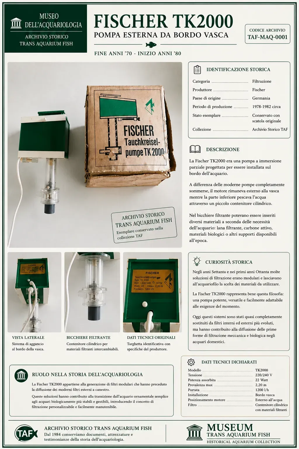Pompa esterna Fischer TK2000, storica attrezzatura per acquari dell'Archivio Storico TAF