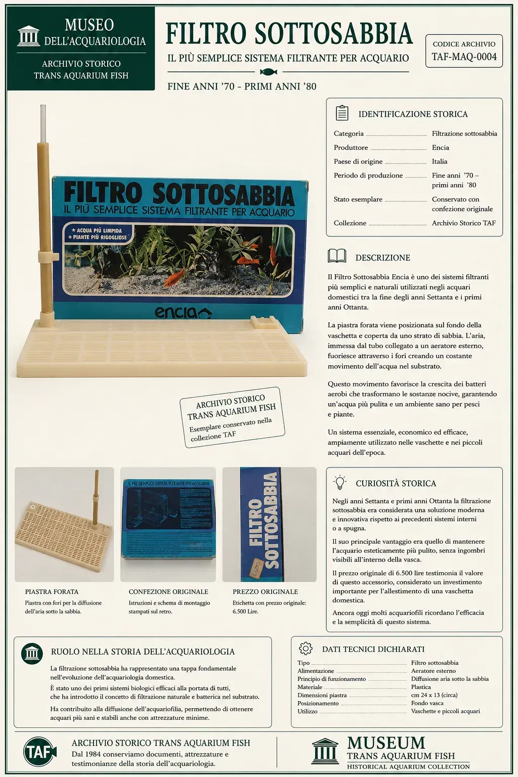 Filtro sottosabbia Encia, storico sistema di filtrazione per acquari conservato nell'Archivio Storico TAF.
