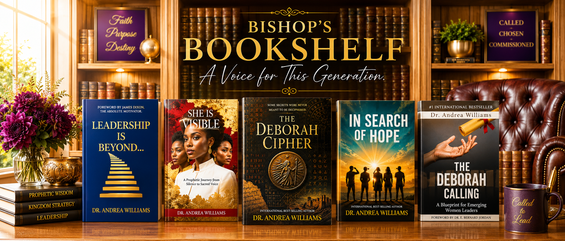 Bishop’s Bookshelf features books by Dr. Andrea Williams displayed in an elegant library with her latest publications and leadership resources.