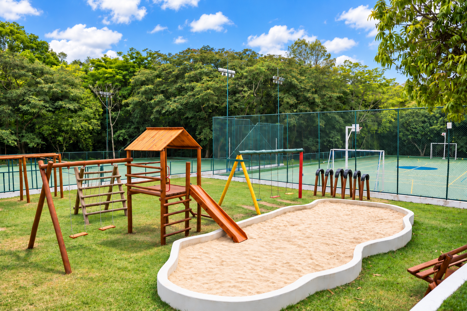 um playground de madeira com balanços e escorregador em um parque.