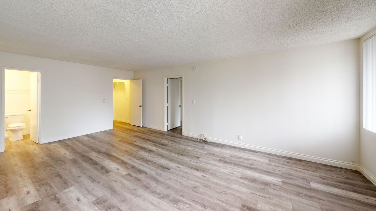 Empty apartment interior with wood-look flooring, white walls, and three open doorways.