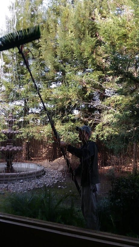 A person stands outside holding a long-handled brush up to clean high window panes surrounded by trees and a stone fountain.