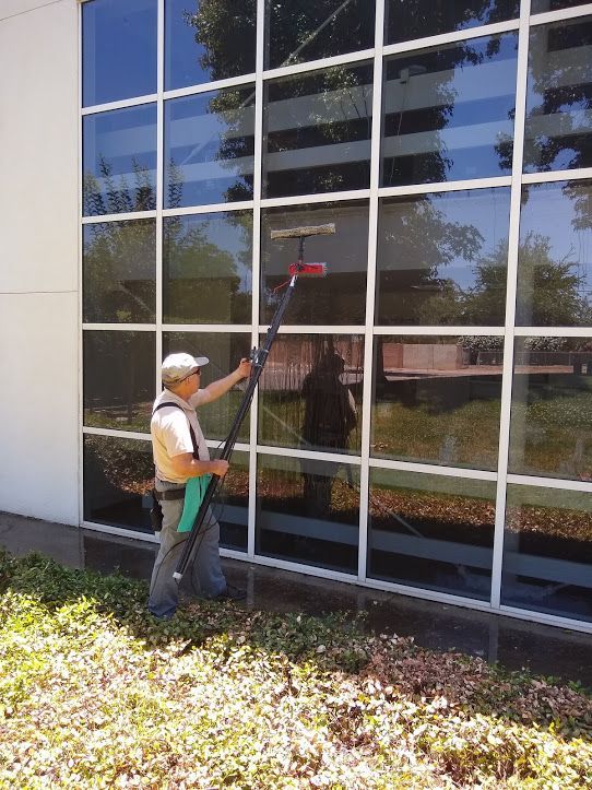 A person standing in landscaping uses a long pole with a brush attachment to clean a multi-pane glass building exterior.