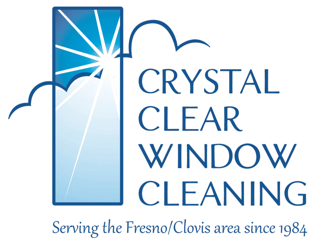 Logo for Crystal Clear Window Cleaning, showing a stylized blue window with sun rays and clouds, serving Fresno/Clovis.