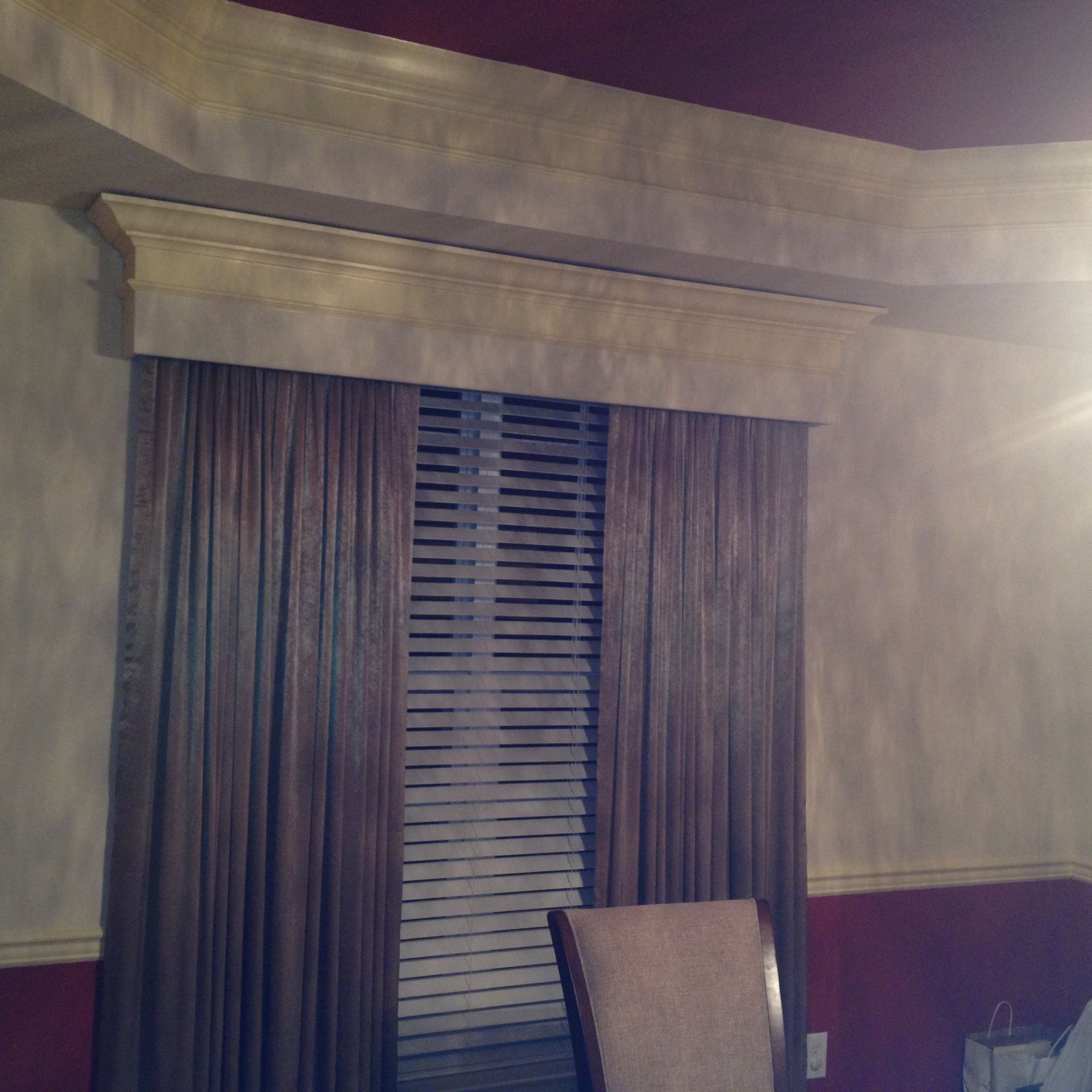 After: close view of the finished window cornice, drapery and white blinds