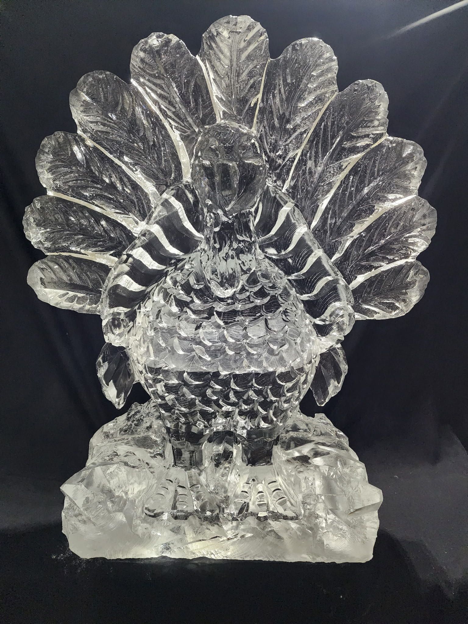 Clear glass turkey figurine with fanned tail on a dark background
