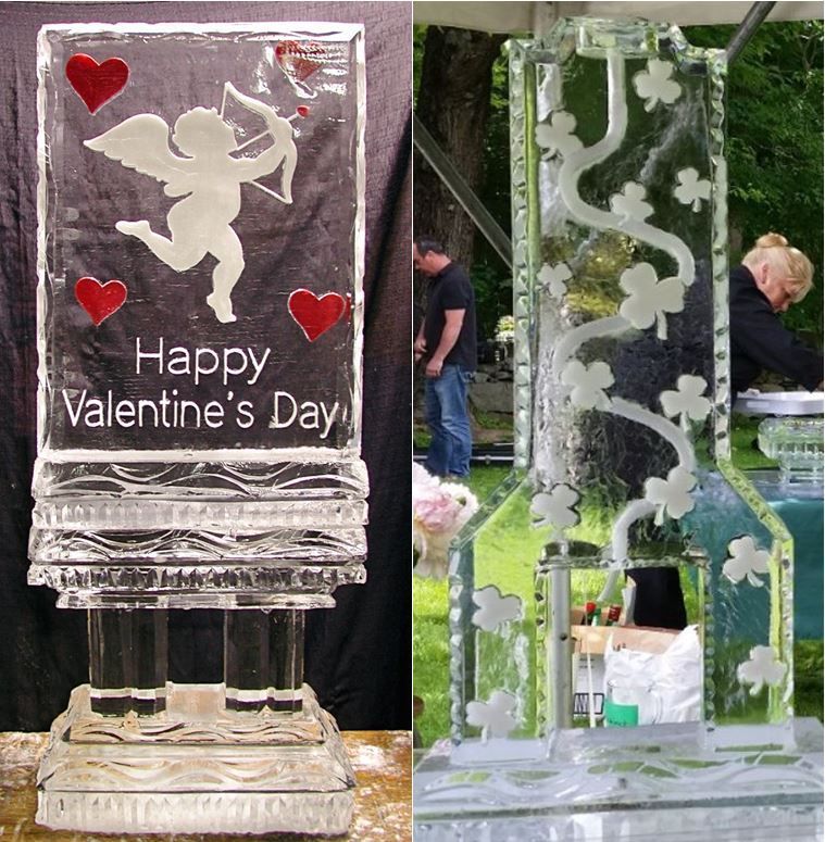 Ice sculpture with Cupid and “Happy Valentine’s Day” on the left; ornate clear ice design on the right.