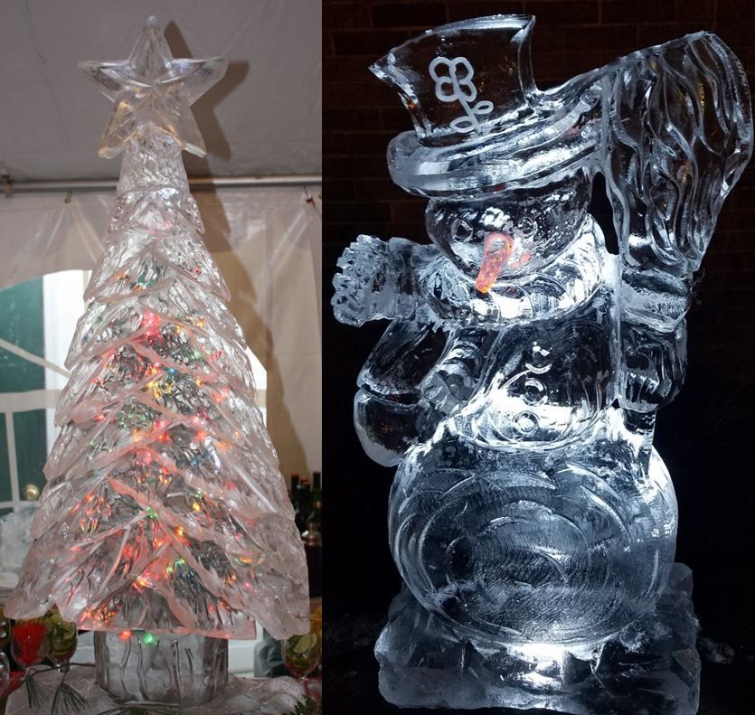 Ice Christmas tree with glowing lights beside an ice sculpture of Santa Claus holding a gift