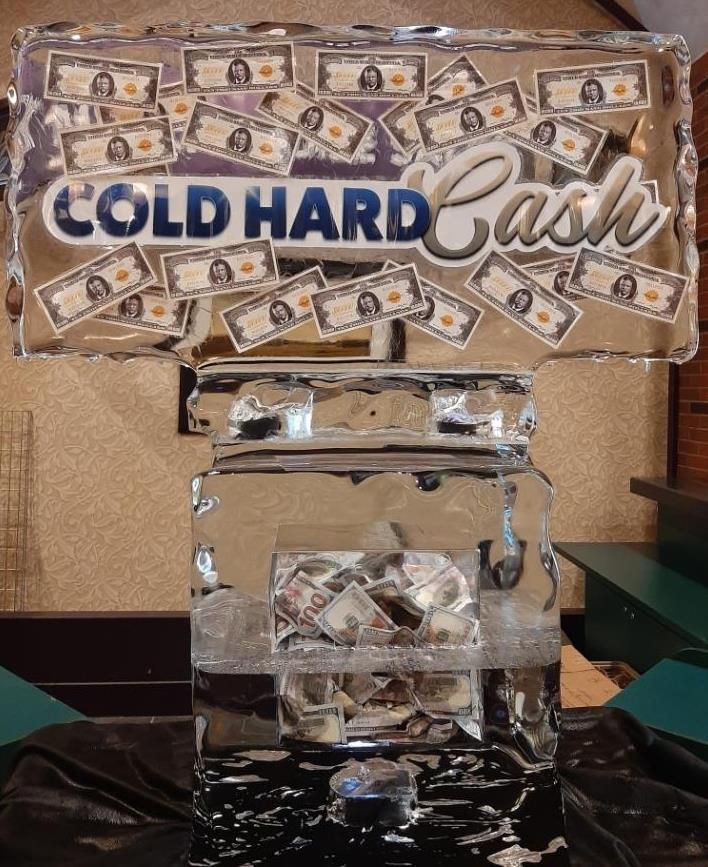 Cold Hard Cash arcade machine with dollar-bill graphics and a reflective silver cabinet display