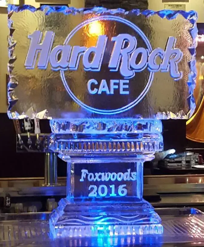 Hard Rock Cafe ice sculpture with blue lighting, labeled Foxwoods 2016